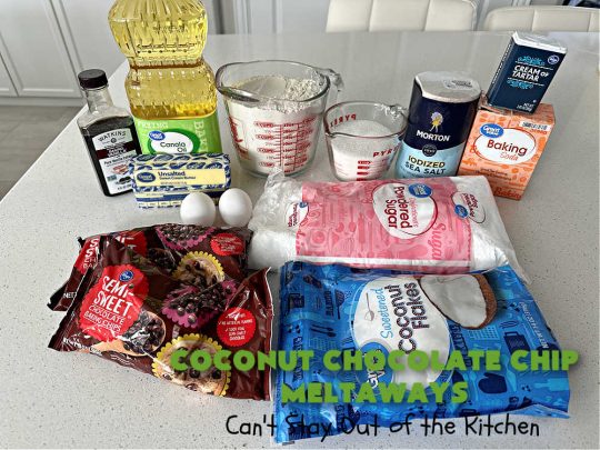 Coconut Chocolate Chip Cookies | Can't Stay Out of the Kitchen | these #cookies are heavenly! Every bite is loaded with #coconut & #ChocolateChips which provides such a luscious, irresistible flavor you won't be able to stop eating them! This scrumptious, drool-worthy #dessert is terrific for #tailgating parties, potlucks or #holiday parties. #chocolate #ChocolateDessert #CoconutDessert #CoconutChocolateChipMeltaways