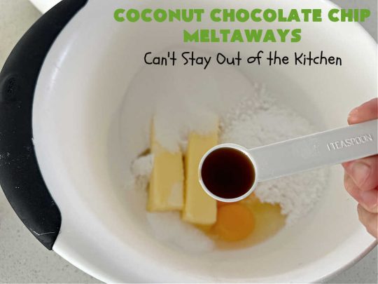 Coconut Chocolate Chip Cookies | Can't Stay Out of the Kitchen | these #cookies are heavenly! Every bite is loaded with #coconut & #ChocolateChips which provides such a luscious, irresistible flavor you won't be able to stop eating them! This scrumptious, drool-worthy #dessert is terrific for #tailgating parties, potlucks or #holiday parties. #chocolate #ChocolateDessert #CoconutDessert #CoconutChocolateChipMeltaways