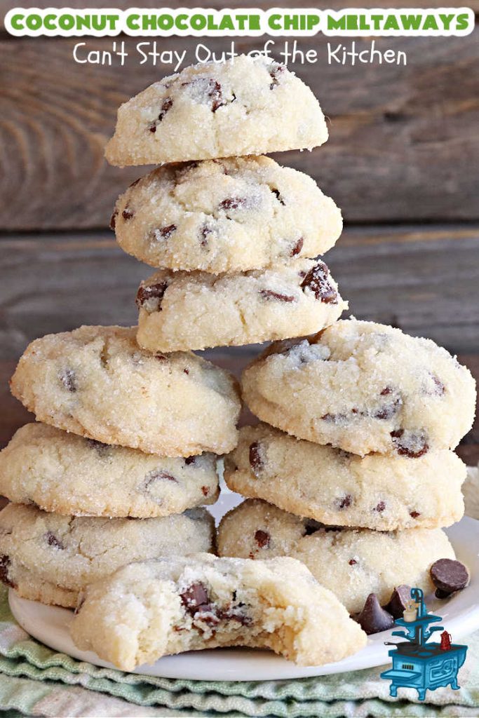 Coconut Chocolate Chip Cookies | Can't Stay Out of the Kitchen | these #cookies are heavenly! Every bite is loaded with #coconut & #ChocolateChips which provides such a luscious, irresistible flavor you won't be able to stop eating them! This scrumptious, drool-worthy #dessert is terrific for #tailgating parties, potlucks or #holiday parties. #chocolate #ChocolateDessert #CoconutDessert #CoconutChocolateChipMeltaways