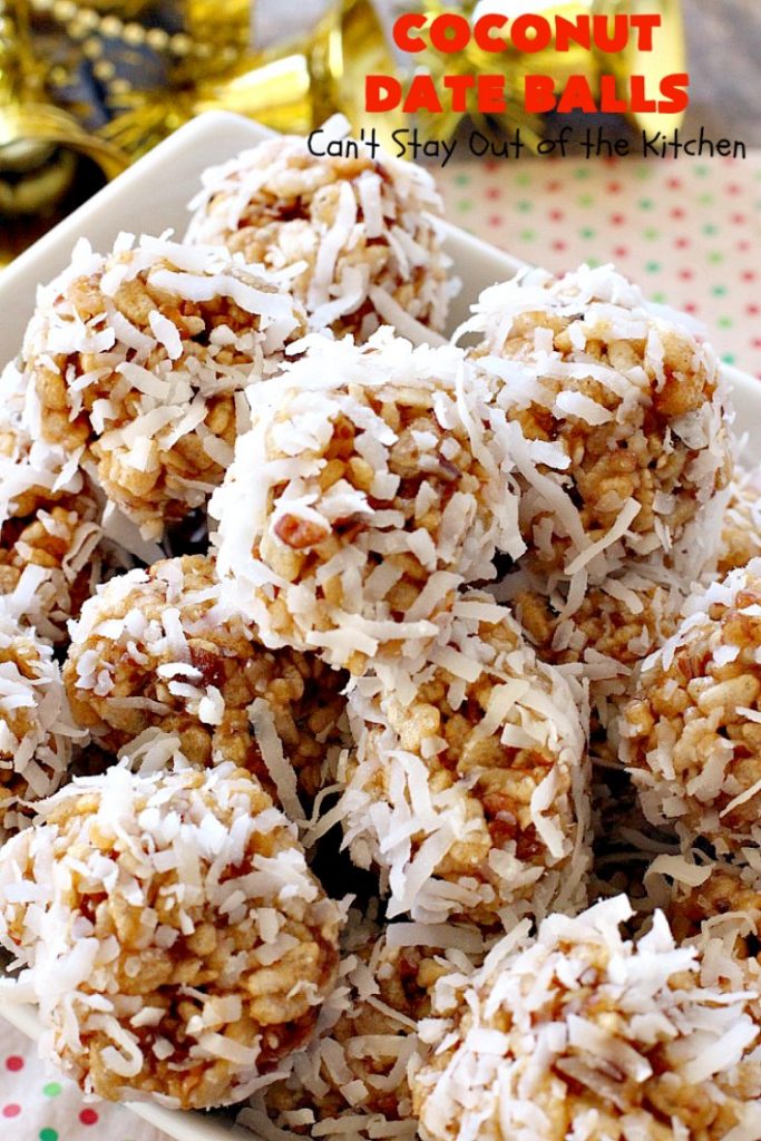 Coconut Date Balls | Can't Stay Out of the Kitchen | our most loved #Christmas #cookie! Everyone always raves over them. Perfect for #holiday baking & parties. #dessert