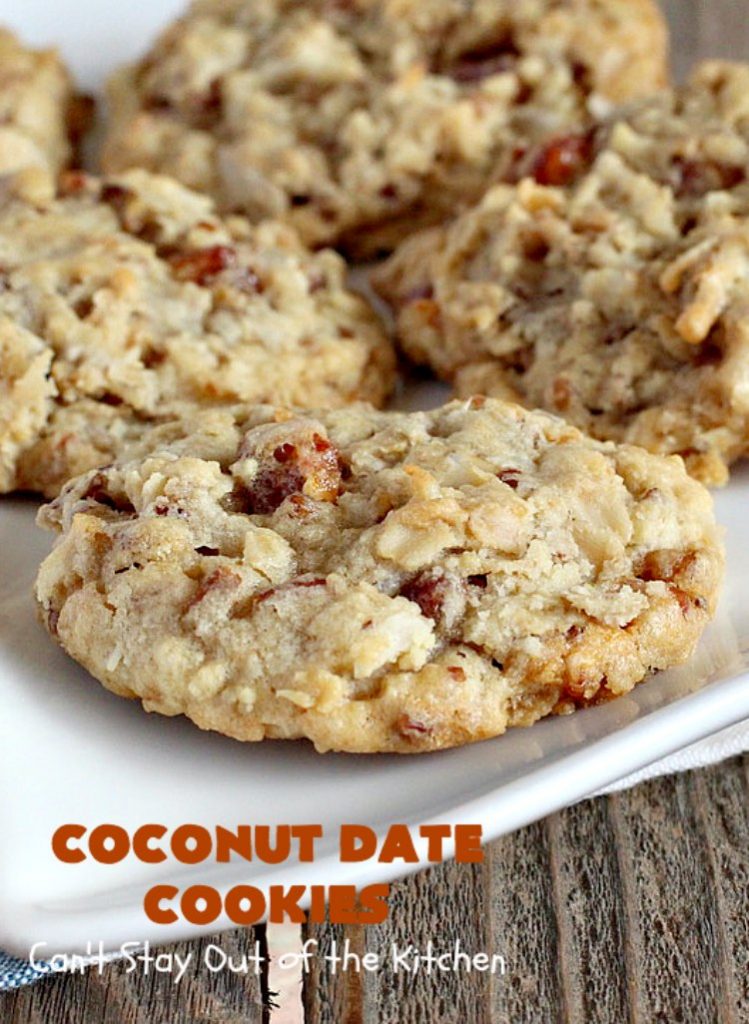 Coconut Date Cookies | Can't Stay Out of the Kitchen | these amazing #oatmeal #cookies are filled with #pecans, #dates & #coconut. They're a wonderful snack for any occasion, including potlucks, #tailgating or backyard BBQs. #dessert #OatmealCookie #CoconutCookie #DateCookie #holiday #holidaybaking