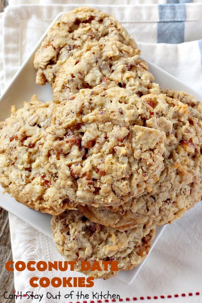 Coconut Date Cookies | Can't Stay Out of the Kitchen | these amazing #oatmeal #cookies are filled with #pecans, #dates & #coconut. They're a wonderful snack for any occasion, including potlucks, #tailgating or backyard BBQs. #dessert #OatmealCookie #CoconutCookie #DateCookie #holiday #holidaybaking