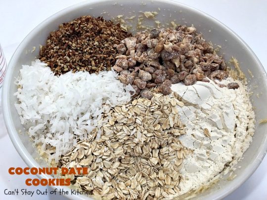 Coconut Date Cookies | Can't Stay Out of the Kitchen | these amazing #oatmeal #cookies are filled with #pecans, #dates & #coconut. They're a wonderful snack for any occasion, including potlucks, #tailgating or backyard BBQs. #dessert #OatmealCookie #CoconutCookie #DateCookie #holiday #holidaybaking