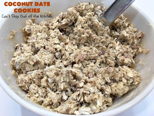 Coconut Date Cookies | Can't Stay Out of the Kitchen | these amazing #oatmeal #cookies are filled with #pecans, #dates & #coconut. They're a wonderful snack for any occasion, including potlucks, #tailgating or backyard BBQs. #dessert #OatmealCookie #CoconutCookie #DateCookie #holiday #holidaybaking