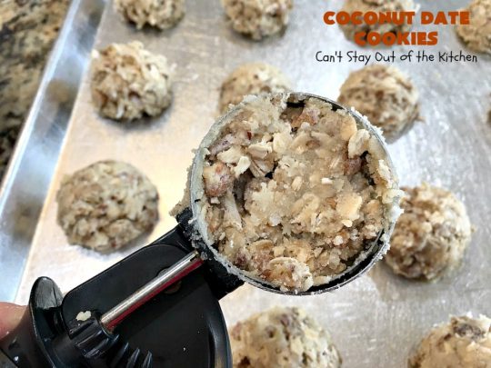Coconut Date Cookies | Can't Stay Out of the Kitchen | these amazing #oatmeal #cookies are filled with #pecans, #dates & #coconut. They're a wonderful snack for any occasion, including potlucks, #tailgating or backyard BBQs. #dessert #OatmealCookie #CoconutCookie #DateCookie #holiday #holidaybaking