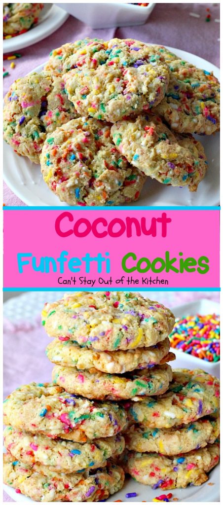 Coconut Funfetti Cookies | Can't Stay Out of the Kitchen | these marvelous #cookies are filled with #rainbowsprinkles and #coconut and so easy to make since they start with a #cakemix. #dessert