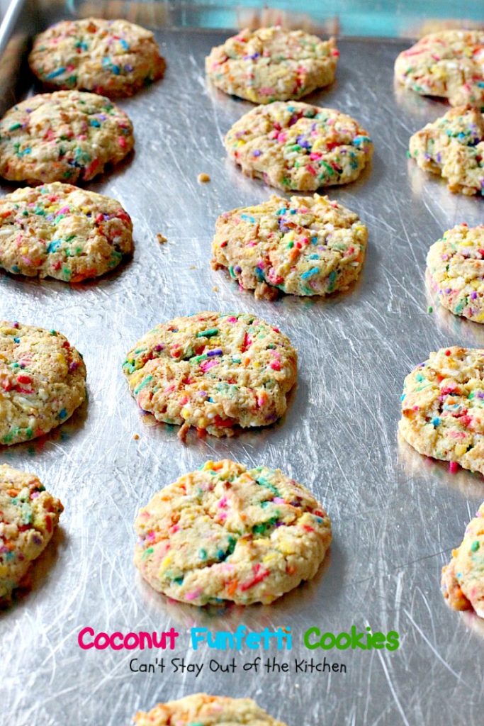 Coconut Funfetti Cookies | Can't Stay Out of the Kitchen | these marvelous #cookies are filled with #rainbowsprinkles and #coconut and so easy to make since they start with a #cakemix. #dessert