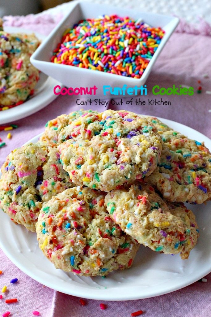 Coconut Funfetti Cookies | Can't Stay Out of the Kitchen | these marvelous #cookies are filled with #rainbowsprinkles and #coconut and so easy to make since they start with a #cakemix. #dessert