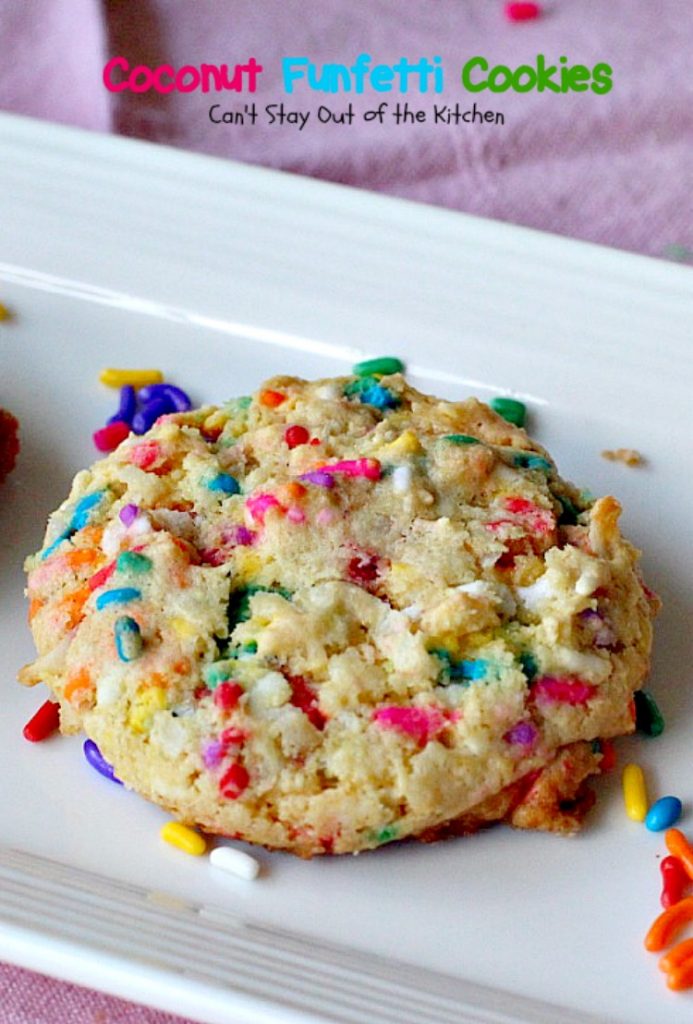 Coconut Funfetti Cookies | Can't Stay Out of the Kitchen | these marvelous #cookies are filled with #rainbowsprinkles and #coconut and so easy to make since they start with a #cakemix. #dessert