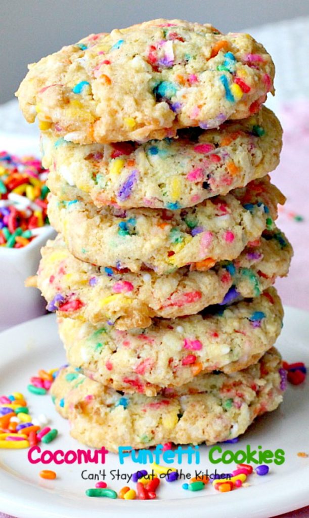Coconut Funfetti Cookies | Can't Stay Out of the Kitchen | these marvelous #cookies are filled with #rainbowsprinkles and #coconut and so easy to make since they start with a #cakemix. #dessert