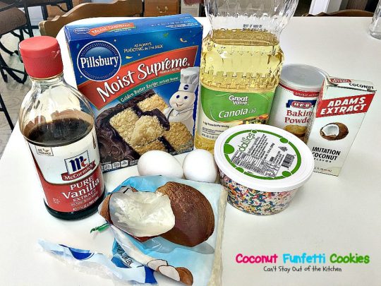 Coconut Funfetti Cookies | Can't Stay Out of the Kitchen | these marvelous #cookies are filled with #rainbowsprinkles and #coconut and so easy to make since they start with a #cakemix. #dessert