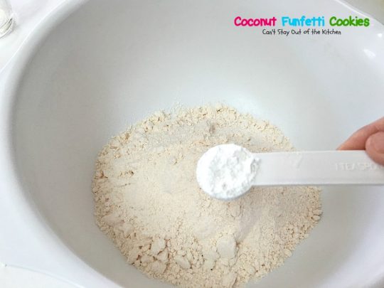 Coconut Funfetti Cookies | Can't Stay Out of the Kitchen | these marvelous #cookies are filled with #rainbowsprinkles and #coconut and so easy to make since they start with a #cakemix. #dessert