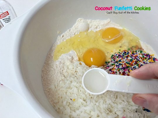 Coconut Funfetti Cookies | Can't Stay Out of the Kitchen | these marvelous #cookies are filled with #rainbowsprinkles and #coconut and so easy to make since they start with a #cakemix. #dessert