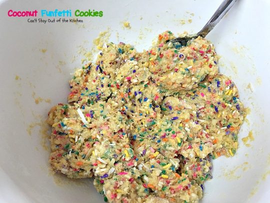 Coconut Funfetti Cookies | Can't Stay Out of the Kitchen | these marvelous #cookies are filled with #rainbowsprinkles and #coconut and so easy to make since they start with a #cakemix. #dessert