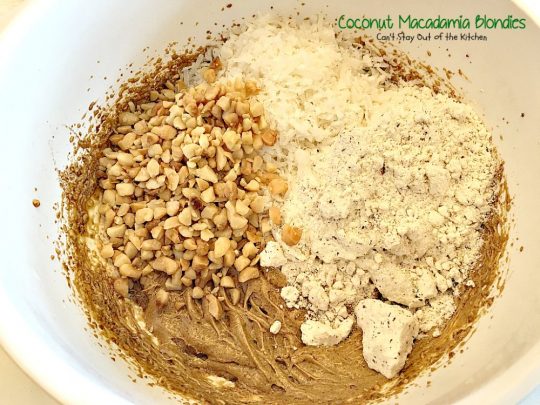 Coconut Macadamia Blondies | Can't Stay Out of the Kitchen | these fabulous #brownies are filled with #coconut and #macadamianuts. Great for #holiday baking. #cookie #glutenfree #dessert