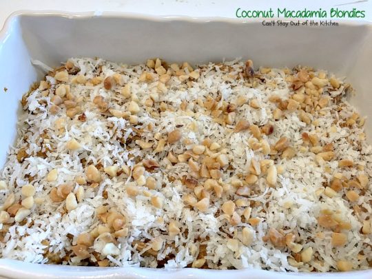 Coconut Macadamia Blondies | Can't Stay Out of the Kitchen | these fabulous #brownies are filled with #coconut and #macadamianuts. Great for #holiday baking. #cookie #glutenfree #dessert