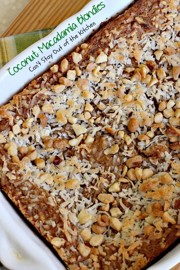 Coconut Macadamia Blondies | Can't Stay Out of the Kitchen | these fabulous #brownies are filled with #coconut and #macadamianuts. Great for #holiday baking. #cookie #glutenfree #dessert