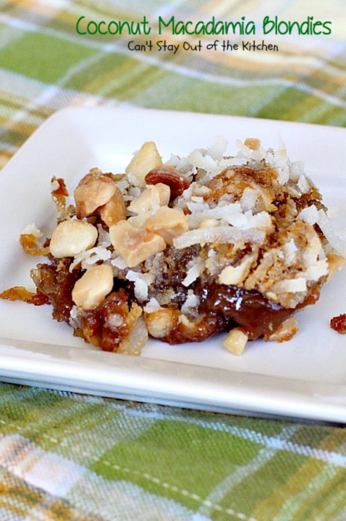 Coconut Macadamia Blondies | Can't Stay Out of the Kitchen | these fabulous #brownies are filled with #coconut and #macadamianuts. Great for #holiday baking. #cookie #glutenfree #dessert
