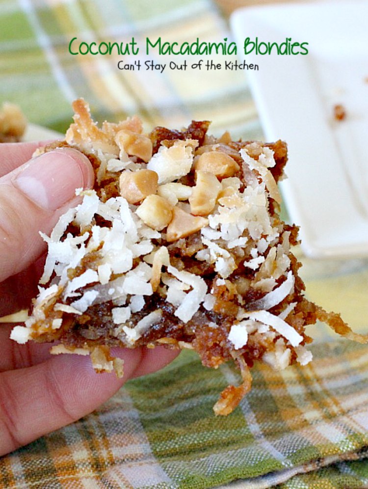Coconut Macadamia Blondies | Can't Stay Out of the Kitchen | these fabulous #brownies are filled with #coconut and #macadamianuts. Great for #holiday baking. #cookie #glutenfree #dessert