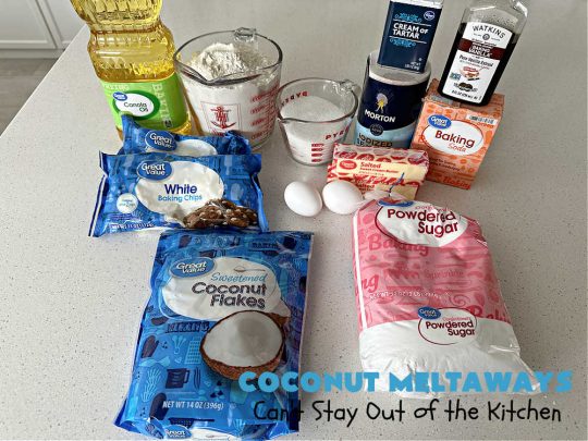 Coconut Meltaways | Can't Stay Out of the Kitchen | If you're a #coconut lover, you'll rave over these rich, decadent #SugarCookies. These #MeltInYourMouthCookies include #coconut and #VanillaChips & simply dissolve in your mouth. Perfect for #tailgating parties or potlucks. These #cookies are irresistible. Your family will love them. #dessert #Coconut Dessert #CoconutMeltaways