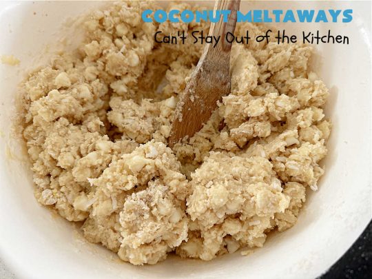 Coconut Meltaways | Can't Stay Out of the Kitchen | If you're a #coconut lover, you'll rave over these rich, decadent #SugarCookies. These #MeltInYourMouthCookies include #coconut and #VanillaChips & simply dissolve in your mouth. Perfect for #tailgating parties or potlucks. These #cookies are irresistible. Your family will love them. #dessert #Coconut Dessert #CoconutMeltaways