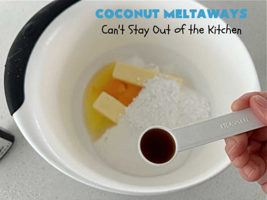 Coconut Meltaways | Can't Stay Out of the Kitchen | If you're a #coconut lover, you'll rave over these rich, decadent #SugarCookies. These #MeltInYourMouthCookies include #coconut and #VanillaChips & simply dissolve in your mouth. Perfect for #tailgating parties or potlucks. These #cookies are irresistible. Your family will love them. #dessert #Coconut Dessert #CoconutMeltaways
