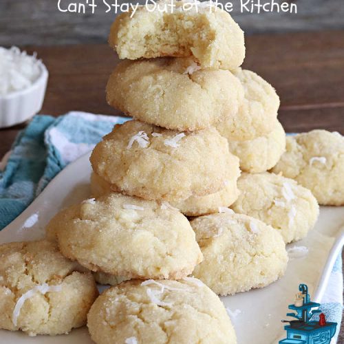 Coconut Meltaways | Can't Stay Out of the Kitchen | If you're a #coconut lover, you'll rave over these rich, decadent #SugarCookies. These #MeltInYourMouthCookies include #coconut and #VanillaChips & simply dissolve in your mouth. Perfect for #tailgating parties or potlucks. These #cookies are irresistible. Your family will love them. #dessert #Coconut Dessert #CoconutMeltaways