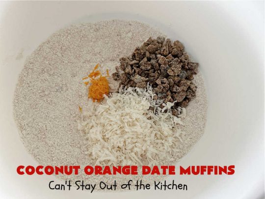 Coconut Orange Date Muffins | Can't Stay Out of the Kitchen | these scrumptious #muffins are perfect for a weekend, company or #holiday #breakfast or #brunch. These moist & flavorful #muffins are filled with #coconut & #dates & delicately flavored with grated #OrangePeel. Every bite is irresistible! #CoconutOrangeDateMuffins