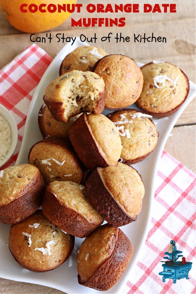 Coconut Orange Date Muffins | Can't Stay Out of the Kitchen | these scrumptious #muffins are perfect for a weekend, company or #holiday #breakfast or #brunch. These moist & flavorful #muffins are filled with #coconut & #dates & delicately flavored with grated #OrangePeel. Every bite is irresistible! #CoconutOrangeDateMuffins