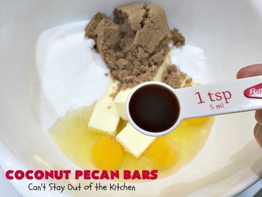 Coconut Pecan Bars | Can't Stay Out of the Kitchen | these delicious bar-type #cookies are filled with #coconut & #pecans. Every bite is chewy, gooey, crunchy & out of this world! #tailgating #holiday #HolidayDessert #CoconutDessert #PecanDessert #CoconutPecanBars