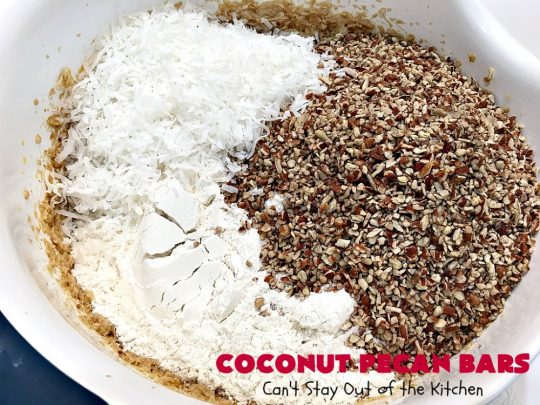 Coconut Pecan Bars | Can't Stay Out of the Kitchen | these delicious bar-type #cookies are filled with #coconut & #pecans. Every bite is chewy, gooey, crunchy & out of this world! #tailgating #holiday #HolidayDessert #CoconutDessert #PecanDessert #CoconutPecanBars