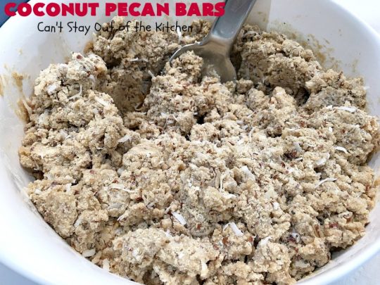 Coconut Pecan Bars | Can't Stay Out of the Kitchen | these delicious bar-type #cookies are filled with #coconut & #pecans. Every bite is chewy, gooey, crunchy & out of this world! #tailgating #holiday #HolidayDessert #CoconutDessert #PecanDessert #CoconutPecanBars