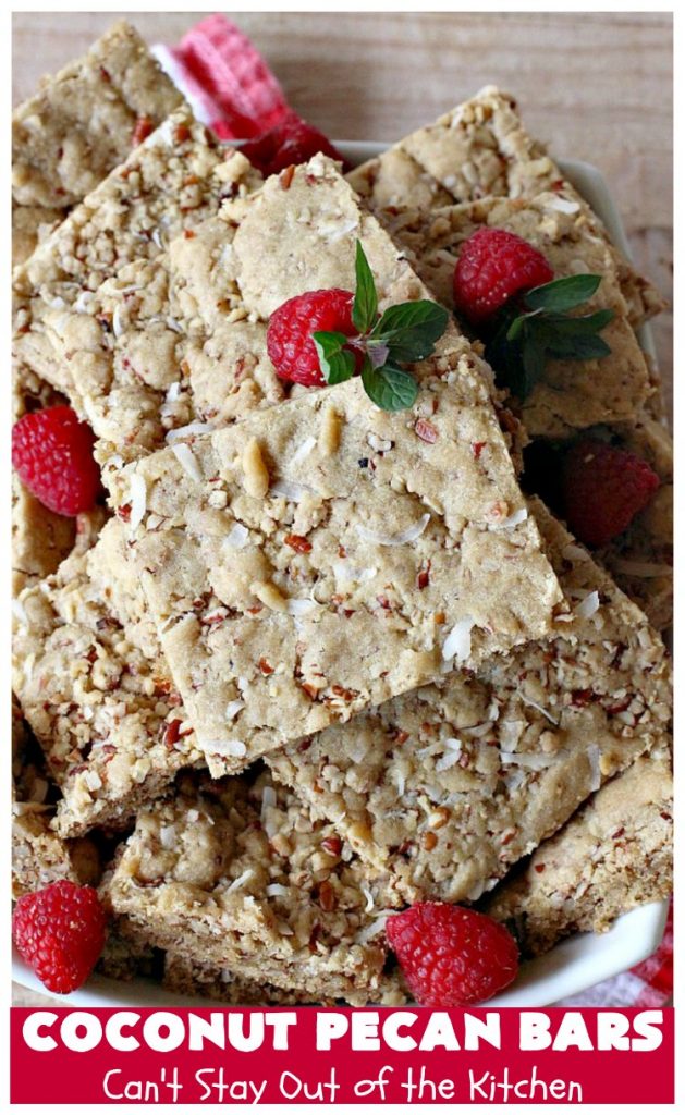 Coconut Pecan Bars | Can't Stay Out of the Kitchen | these delicious bar-type #cookies are filled with #coconut & #pecans. Every bite is chewy, gooey, crunchy & out of this world! #tailgating #holiday #HolidayDessert #CoconutDessert #PecanDessert #CoconutPecanBars