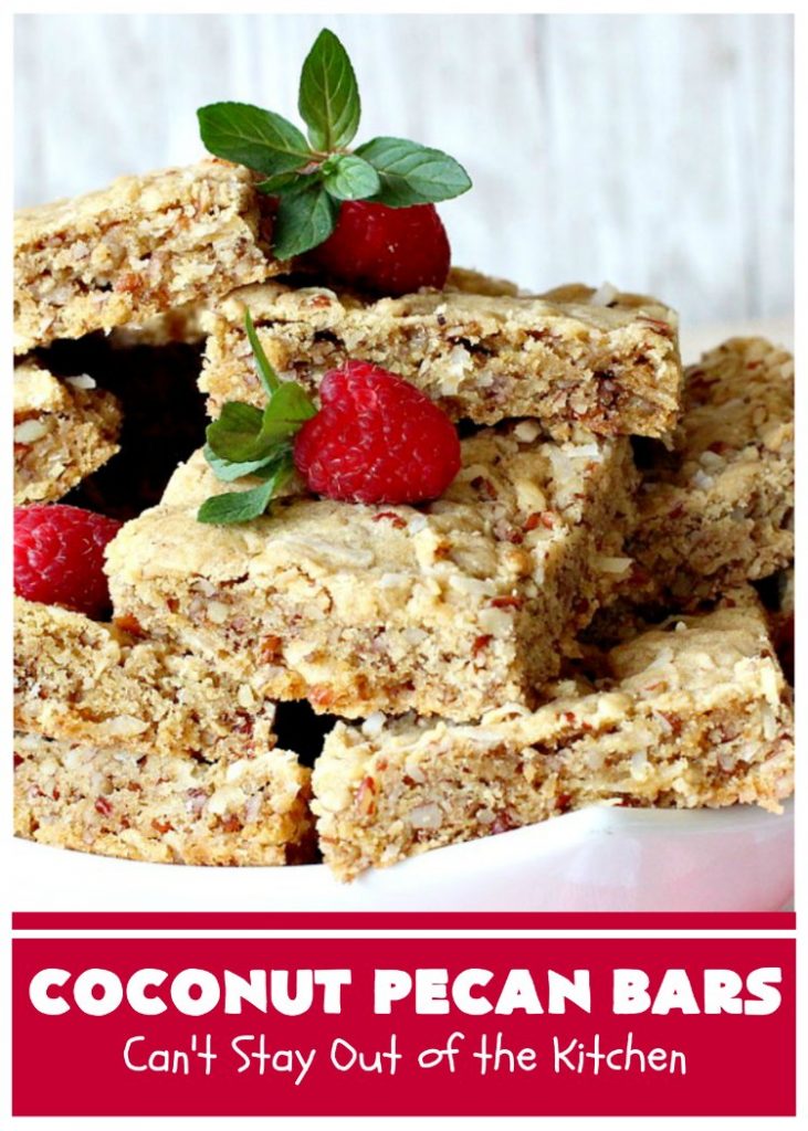Coconut Pecan Bars | Can't Stay Out of the Kitchen | these delicious bar-type #cookies are filled with #coconut & #pecans. Every bite is chewy, gooey, crunchy & out of this world! #tailgating #holiday #HolidayDessert #CoconutDessert #PecanDessert #CoconutPecanBars