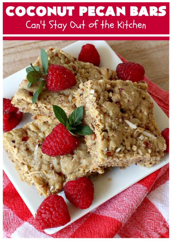 Coconut Pecan Bars | Can't Stay Out of the Kitchen | these delicious bar-type #cookies are filled with #coconut & #pecans. Every bite is chewy, gooey, crunchy & out of this world! #tailgating #holiday #HolidayDessert #CoconutDessert #PecanDessert #CoconutPecanBars