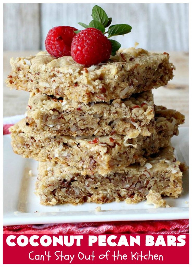 Coconut Pecan Bars | Can't Stay Out of the Kitchen | these delicious bar-type #cookies are filled with #coconut & #pecans. Every bite is chewy, gooey, crunchy & out of this world! #tailgating #holiday #HolidayDessert #CoconutDessert #PecanDessert #CoconutPecanBars