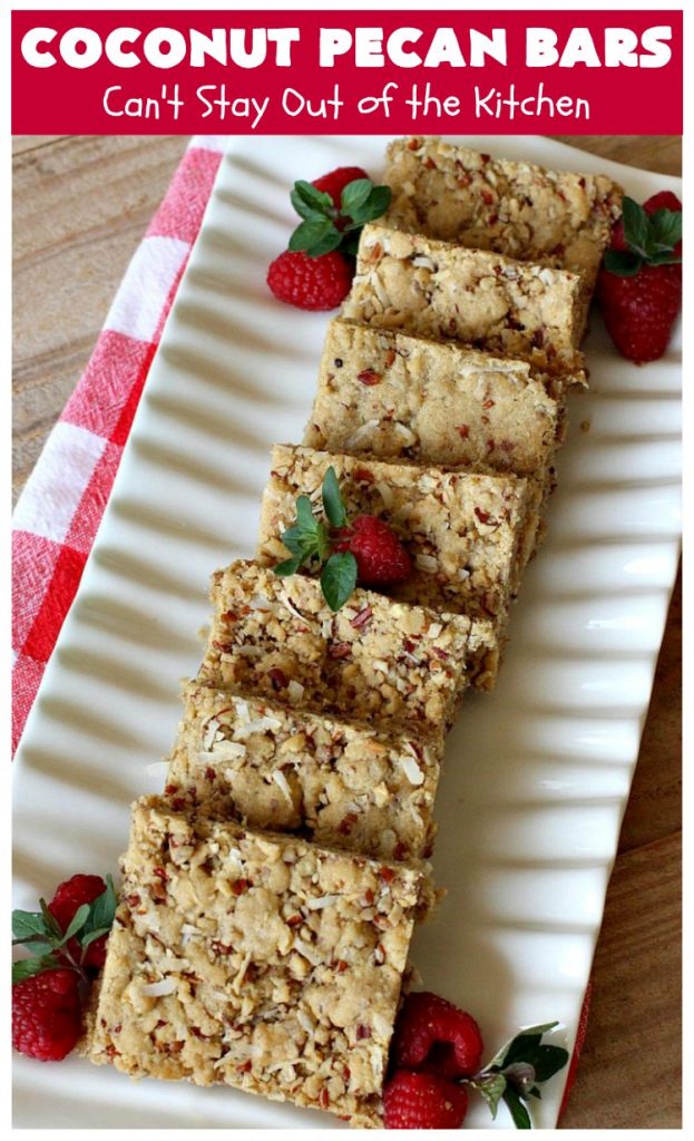 Coconut Pecan Bars | Can't Stay Out of the Kitchen | these delicious bar-type #cookies are filled with #coconut & #pecans. Every bite is chewy, gooey, crunchy & out of this world! #tailgating #holiday #HolidayDessert #CoconutDessert #PecanDessert #CoconutPecanBars