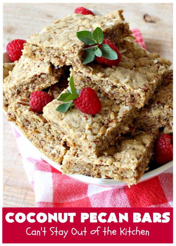 Coconut Pecan Bars | Can't Stay Out of the Kitchen | these delicious bar-type #cookies are filled with #coconut & #pecans. Every bite is chewy, gooey, crunchy & out of this world! #tailgating #holiday #HolidayDessert #CoconutDessert #PecanDessert #CoconutPecanBars