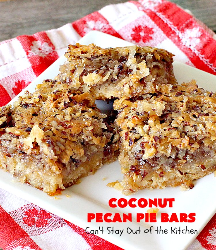 Coconut Pecan Pie Bars | Can't Stay Out of the Kitchen | these fantastic #brownies are rich, decadent and so mouthwatering you won't want to put them down! Like eating #pecanpie but with #coconut added. #dessert #cookies #pecans