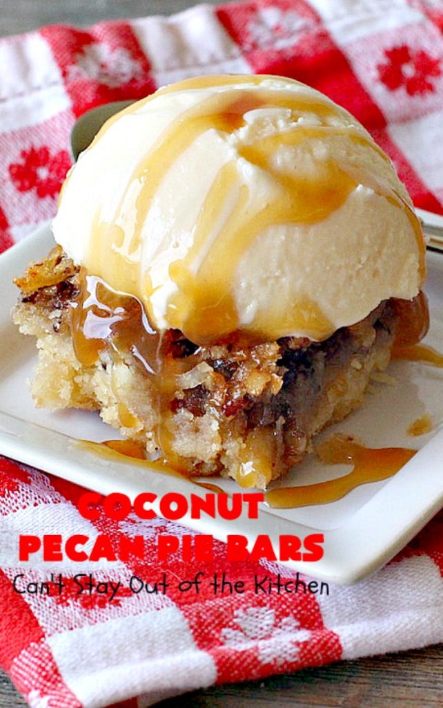 Coconut Pecan Pie Bars | Can't Stay Out of the Kitchen | these fantastic #brownies are rich, decadent and so mouthwatering you won't want to put them down! Like eating #pecanpie but with #coconut added. #dessert #cookies #pecans