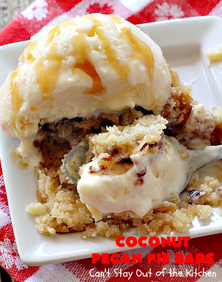Coconut Pecan Pie Bars | Can't Stay Out of the Kitchen | these fantastic #brownies are rich, decadent and so mouthwatering you won't want to put them down! Like eating #pecanpie but with #coconut added. #dessert #cookies #pecans