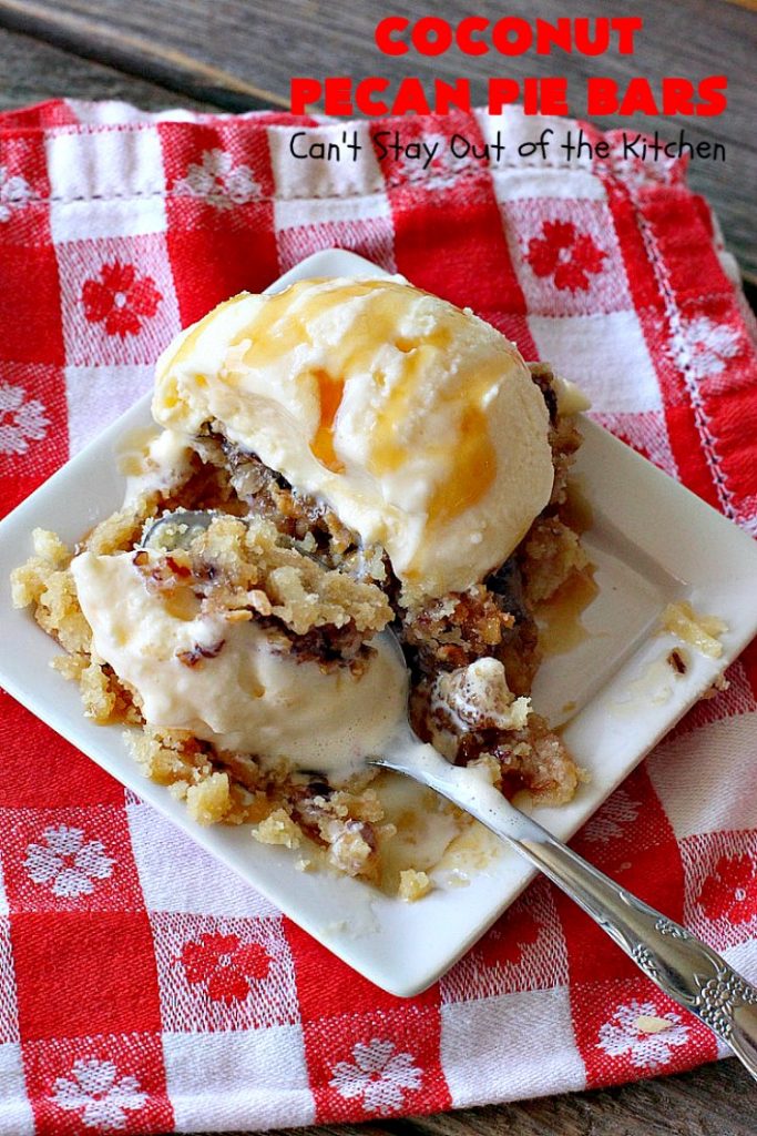 Coconut Pecan Pie Bars | Can't Stay Out of the Kitchen | these fantastic #brownies are rich, decadent and so mouthwatering you won't want to put them down! Like eating #pecanpie but with #coconut added. #dessert #cookies #pecans