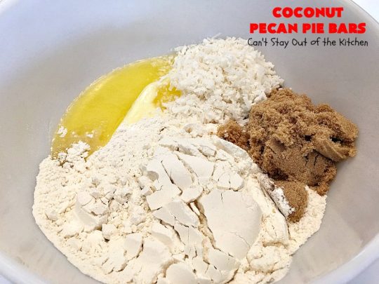 Coconut Pecan Pie Bars | Can't Stay Out of the Kitchen | these fantastic #brownies are rich, decadent and so mouthwatering you won't want to put them down! Like eating #pecanpie but with #coconut added. #dessert #cookies #pecans