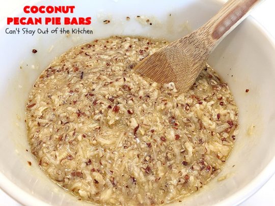 Coconut Pecan Pie Bars | Can't Stay Out of the Kitchen | these fantastic #brownies are rich, decadent and so mouthwatering you won't want to put them down! Like eating #pecanpie but with #coconut added. #dessert #cookies #pecans