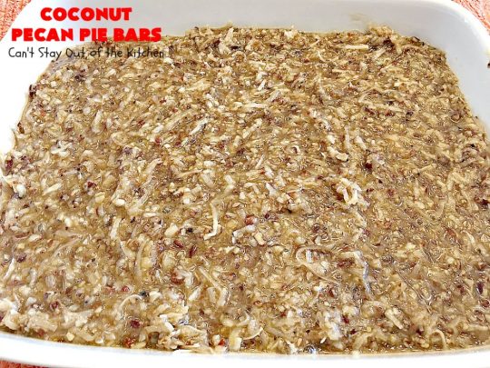 Coconut Pecan Pie Bars | Can't Stay Out of the Kitchen | these fantastic #brownies are rich, decadent and so mouthwatering you won't want to put them down! Like eating #pecanpie but with #coconut added. #dessert #cookies #pecans