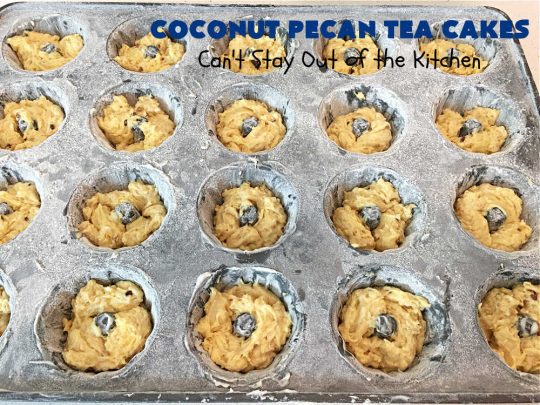 Coconut Pecan Tea Cakes | Can't Stay Out of the Kitchen | these adorable #TeaCakes are perfect for family get-togethers or #holiday #baking. If you enjoy #coconut and #pecans these miniature #Bundt #cakes will cure every sweet tooth craving. #cake #dessert #HolidayDessert #CoconutDessert #CoconutPecanTeaCakes