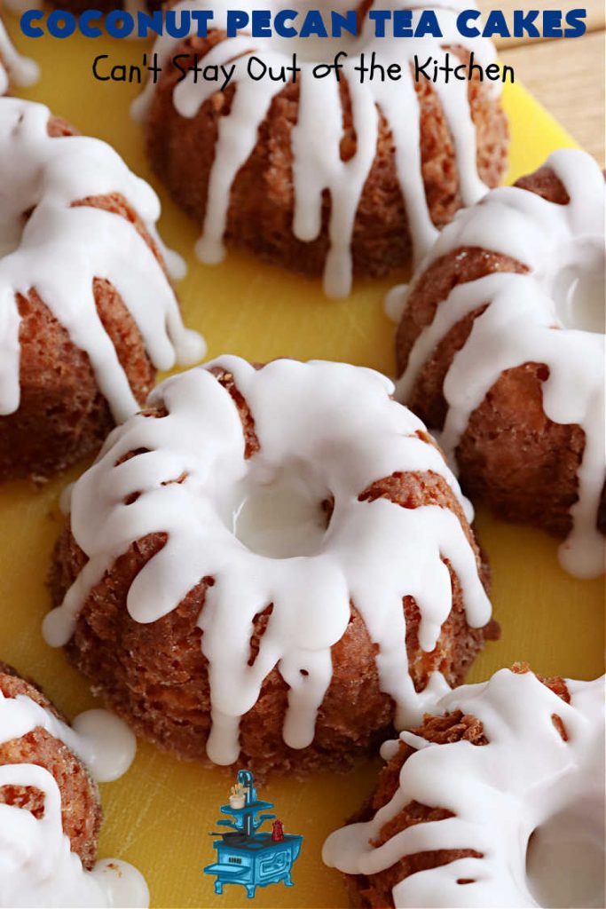 Coconut Pecan Tea Cakes | Can't Stay Out of the Kitchen | these adorable #TeaCakes are perfect for family get-togethers or #holiday #baking. If you enjoy #coconut and #pecans these miniature #Bundt #cakes will cure every sweet tooth craving. #cake #dessert #HolidayDessert #CoconutDessert #CoconutPecanTeaCakes