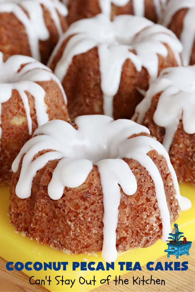 Coconut Pecan Tea Cakes | Can't Stay Out of the Kitchen | these adorable #TeaCakes are perfect for family get-togethers or #holiday #baking. If you enjoy #coconut and #pecans these miniature #Bundt #cakes will cure every sweet tooth craving. #cake #dessert #HolidayDessert #CoconutDessert #CoconutPecanTeaCakes