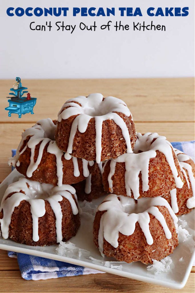 Coconut Pecan Tea Cakes | Can't Stay Out of the Kitchen | these adorable #TeaCakes are perfect for family get-togethers or #holiday #baking. If you enjoy #coconut and #pecans these miniature #Bundt #cakes will cure every sweet tooth craving. #cake #dessert #HolidayDessert #CoconutDessert #CoconutPecanTeaCakes