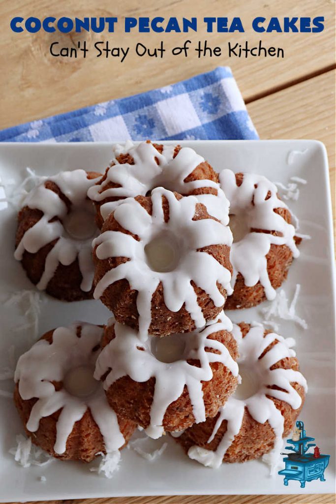 Coconut Pecan Tea Cakes | Can't Stay Out of the Kitchen | these adorable #TeaCakes are perfect for family get-togethers or #holiday #baking. If you enjoy #coconut and #pecans these miniature #Bundt #cakes will cure every sweet tooth craving. #cake #dessert #HolidayDessert #CoconutDessert #CoconutPecanTeaCakes